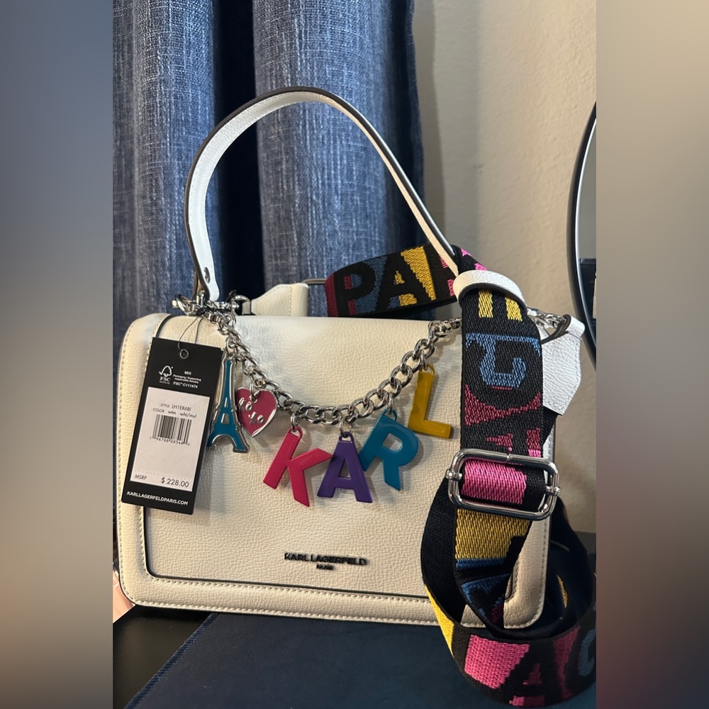 Karl Lagerfeld Cream Shoulder Bag with Multicolor Strap